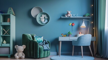 Detailed view of a kid's room with a blue wall, featuring a green armchair, gray desk, round shelf, and decorative plush toys, under soft lighting