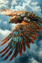 A harpy fitted with brass gears and steampowered wings soars through a swirling aetherfilled sky - obrazy, fototapety, plakaty