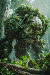 A colossal golem formed from overgrown mushrooms and vines awakening from an ancient slumber within a hidden forest