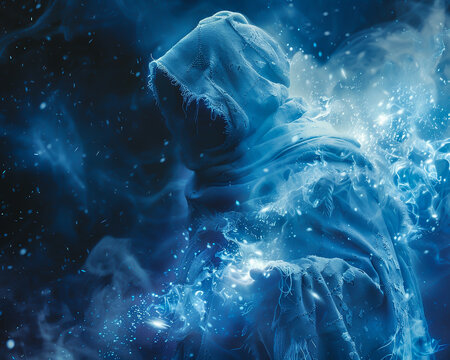 A chronomancer cloaked in sealskin manipulates time surrounded by ethereal willothewisps that flicker in and out of existence