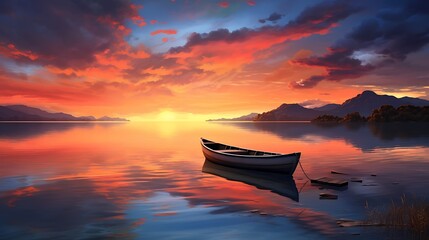 The tranquil beauty of twilight unfolds in this captivating image, with the solitary boat gently rocking on the calm waters under the colorful palette of the setting sun