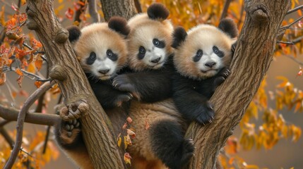 Obraz premium Little pandas sit on a lush green tree branch against the backdrop of a bright tropical forest