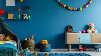 Detailed setup of a kid's bedroom, blue walls, adorned with plush toys, a modern sideboard, colorful garlands, and vibrant, playful accents