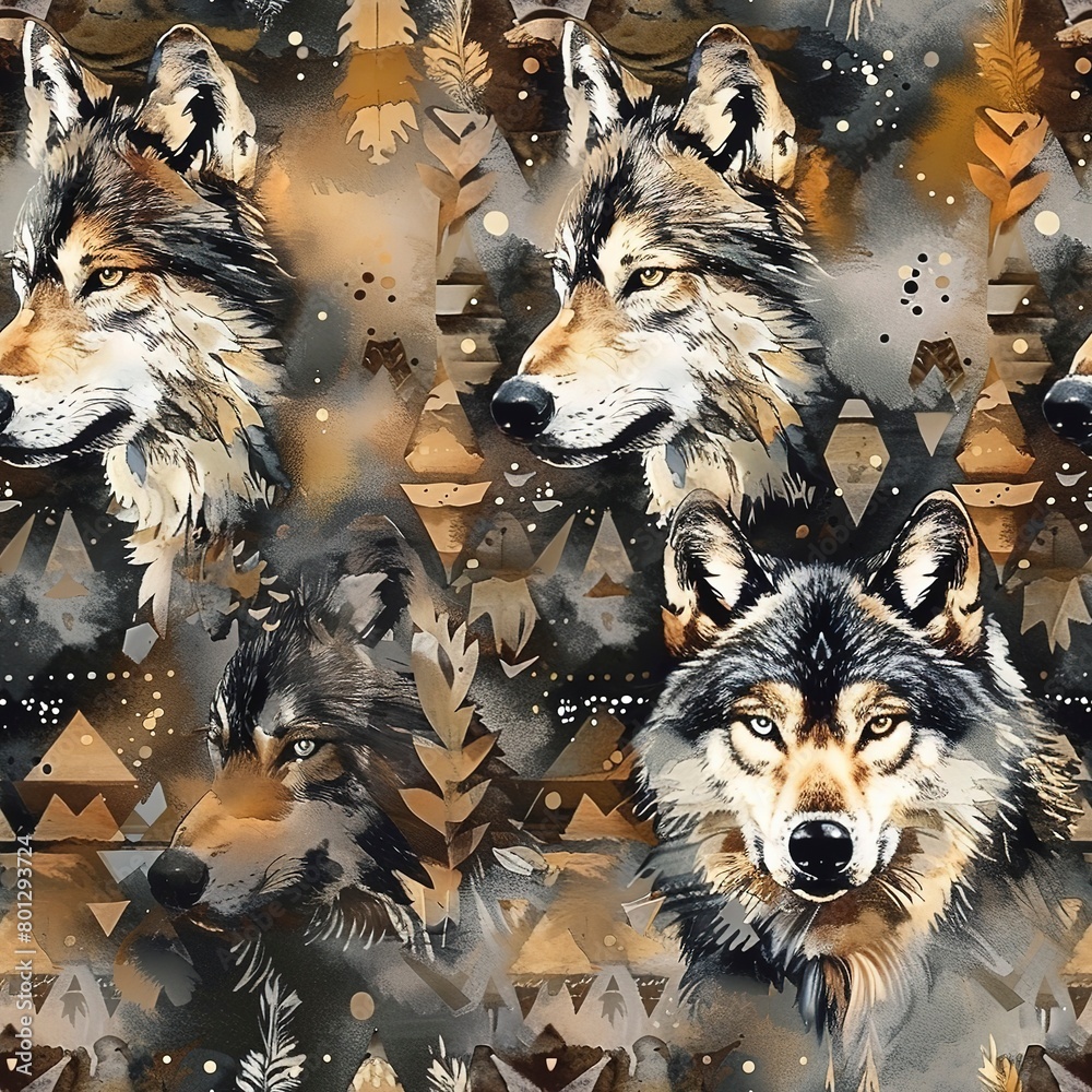 Canvas Prints Wolves with tribal markings, wild boho watercolor, seamless pattern, earthy browns and blacks, mystic guardians. Seamless Pattern, Fabric Pattern, Tumbler Wrap, Mug Wrap.