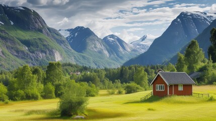 A small red house sits in a grassy field in front of a mountain range