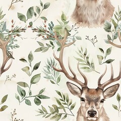 Deer with antler wreaths, serene boho watercolor, seamless pattern, muted greens and natural browns, forest princes. Seamless Pattern, Fabric Pattern, Tumbler Wrap, Mug Wrap.