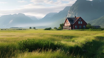 Obraz premium A red house sits in a large, grassy field