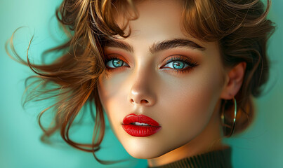Fototapeta premium Stylish young woman with trendy hairstyle, beauty salon model, studio portrait lighting, hair styling