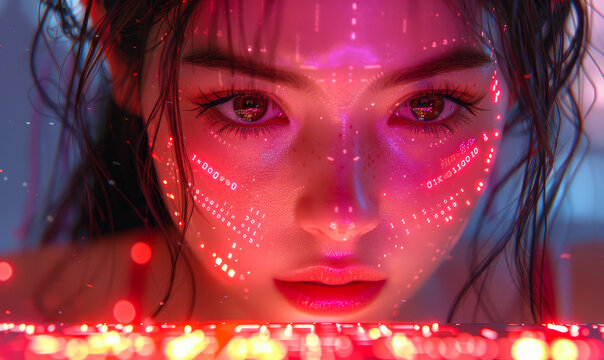 Cyberpunk Futuristic Asian Female Tech Wizard, Binary Code Interface, Laptop Work, Neon Lights