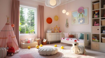 Cozy kids' room featuring a soft pink palette, accented with bright colors, playful furniture, and educational toys for a nurturing environment