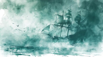 ghost ship in a foggy water - obrazy, fototapety, plakaty