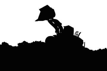 Wheel loader silhouette are digging soil with bucket lift up in the construction site on white  background