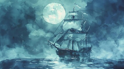 ghost ship in the ocean with full moon