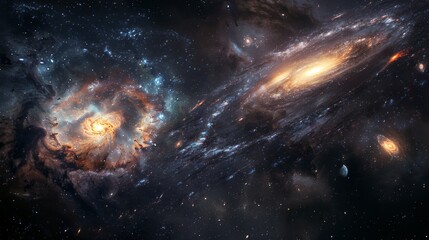 A stunning image of galaxies colliding in deep space, showcasing the cosmic dance of stars and celestial bodies in the vast expanse of the universe.