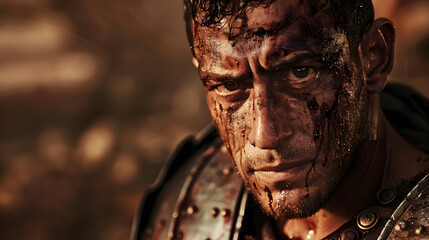 A close-up of a Roman gladiator in the arena, with scars and determination visible on his face. Epic shot.



