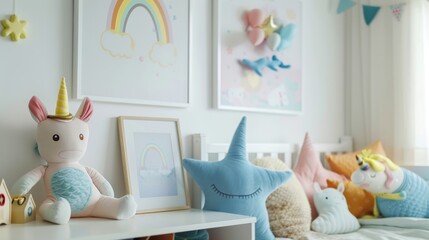Cozy and personalized kid's room with a mermaid and unicorn theme, plush toys, and a mock-up poster frame on a white desk, detailed with a rainbow ornament