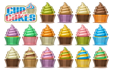 Vector Cupcake Set, big collection of cut out illustrations different cupcakes in paper package with mixed twisted cream, group of colorful unhealthy cupcakes and words cup cakes on white background