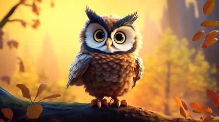 Owl, in the 3D illustration style, cute, kawaii character design with on a simple background, a high resolution detailed texture with adorable details