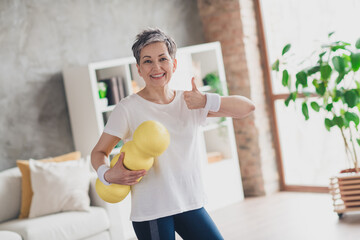 Photo of nice pensioner woman thumb up hold massage roll sportswear home exercising routine living...