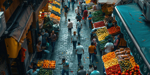 Busy Outdoor Market with Fresh Fruits and Vegetables, People Walking Through, Overhead View