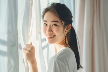 Obraz premium Young asian woman unveil curtain and looking out of window in the morning. Beautiful girl nearly window after waking up fully rested and open curtains. Start the new day with happiness. Relax, resting