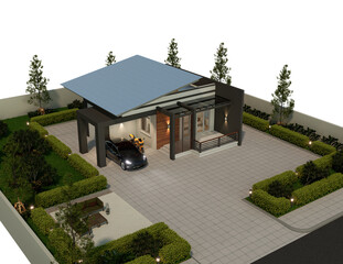 3D Rendering A small 1 storey house, nice to live, simple design, modern tropical house, beautiful with parking space and garden.