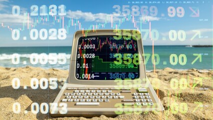 computer on a beach with data and code on screen - 801296188