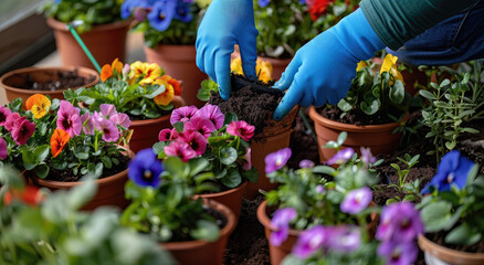 A close-up shot shows hands planting flowers in pots, with various flower types and colors visible around the scene