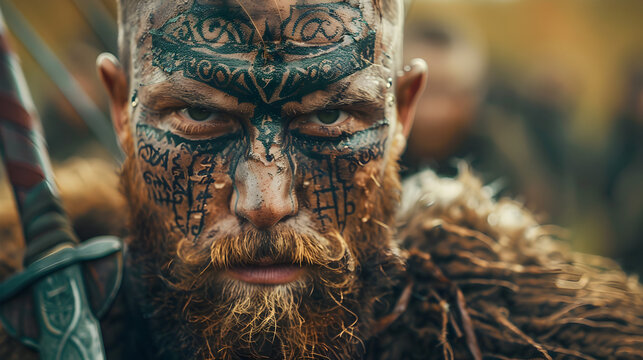 A detailed close-up of a Celtic warrior with intricate face paint and a longsword. Epic shot.


