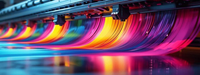 Vibrant industrial printer producing colorful ribbons in a dynamic printing process