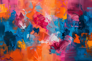 Contemporary art painting, blue, orange and pink colors