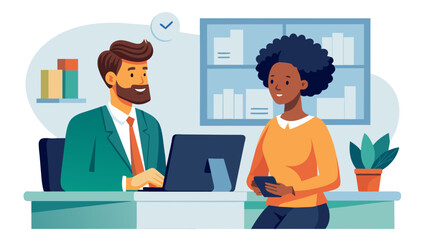 Two happy busy diverse professional business team people talking standing in office using tab. Smiling young African woman employee and older Latin man executive having conversation at work, simple