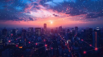 Obraz premium Urban Network: City Skyline with Digital Connectivity Overlay
