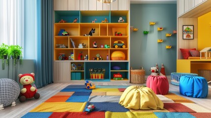 Colorful and contemporary kids' room interior, showcasing playful decor, shelves filled with toys, and bright furnishings for a lively atmosphere