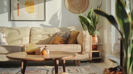 Close-up of a modern living room, emphasizing a trendy boucle sofa, surrounded by vibrant personal items, plants, and unique decorations, well-lit interior