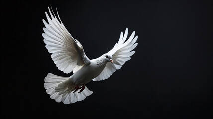 White dove flying isolated on a black background