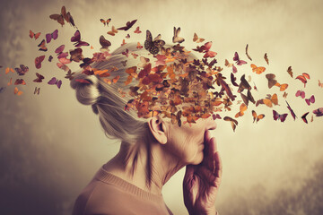 Elderly Woman with Alzheimer's disease or dementia. Concept of old age, memory loss, dementia, and Alzheimer's.	