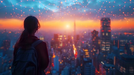 Twilight Fusion: City Skyline with Digital Connectivity Overlay