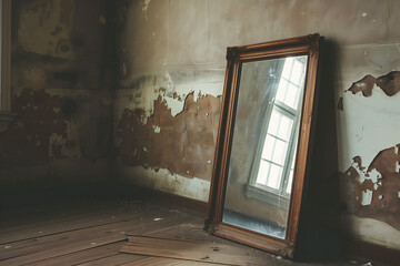 An old wooden mirror standing on the floor against the wall in a weathered room
