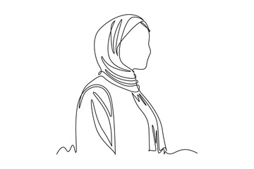 Continuous one line drawing stylish and trendy hijab woman concept. Doodle vector illustration.