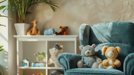 Close-up of a cozy corner in a child's room, showcasing a plush blue armchair, cute animal toys, and personal decor on a stucco beige wall
