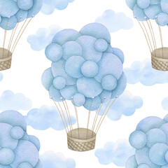 Watercolor baby seamless pattern with blue hot air balloon, clouds. Hand drawn cute  illustration on white background