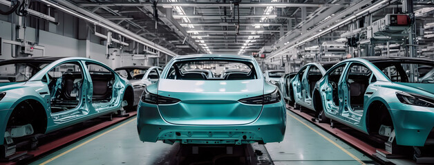 Automated futuristic electric cars factory production line Assembly Line Manufacturing High-Tech Green Energy Electric Vehicles. Automatic Construction