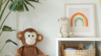 Close-up of a boy's room with a vibrant mock poster frame, white desk, and playful animal wicker basket, featuring a plush monkey and rainbow decor, warm ambiance