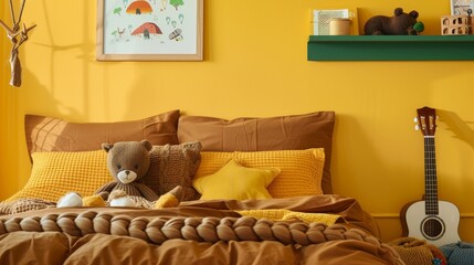 Close-up of a cheerful yellow kids' room, featuring a braided bed and brown bedding, with a mock-up poster frame and a green shelf, plush toys and guitar visible