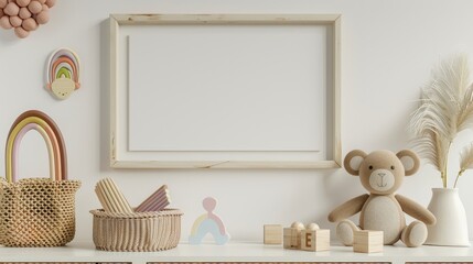 Child's room in warm tones, mock-up poster frame, plush monkey toys, and a rainbow ornament on a white desk, alongside an animal wicker basket and wooden blocks