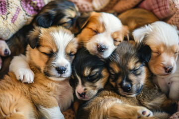 A pile of adorable puppies cuddling together, their soft fur creating a warm and inviting scene