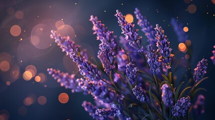 Bouquet of lavender, rich navy blue background, home decor magazine cover, elegant evening glow, slightly offcenter