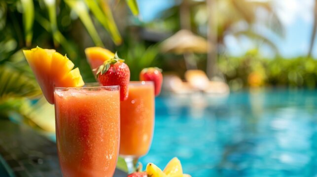 A tropical resort serving up exotic fruit smoothies by the poolside, offering guests a refreshing way to beat the heat and stay hydrated under the sun.
