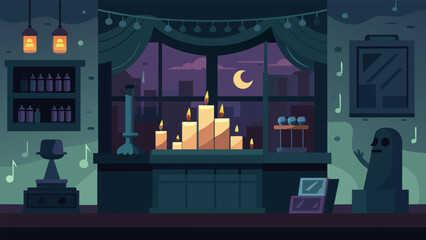 The shop was dimly lit with flickering candles and eerie music playing in the background adding to the unsettling atmosphere..
